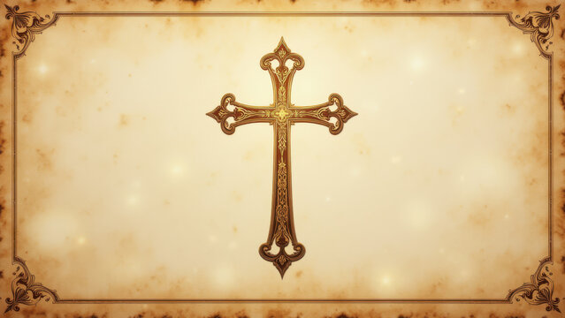 Christian Cross with a vintage appearance on an aged scroll backdrop.