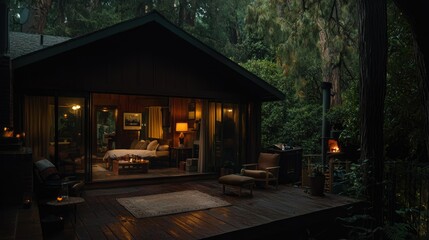 A cozy cabin interior reveals relaxation and tranquility at evening time