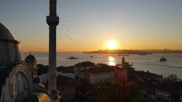  Starling Birds Group Dance in the Uskudar Valide Sultan Mosque Drone Video, Uskudar Istanbul, Turkiye (Turkey)