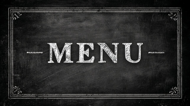 Black chalkboard background with a white chalk-drawn frame and the word MENU in a vintage style font, providing free space for text or a menu design