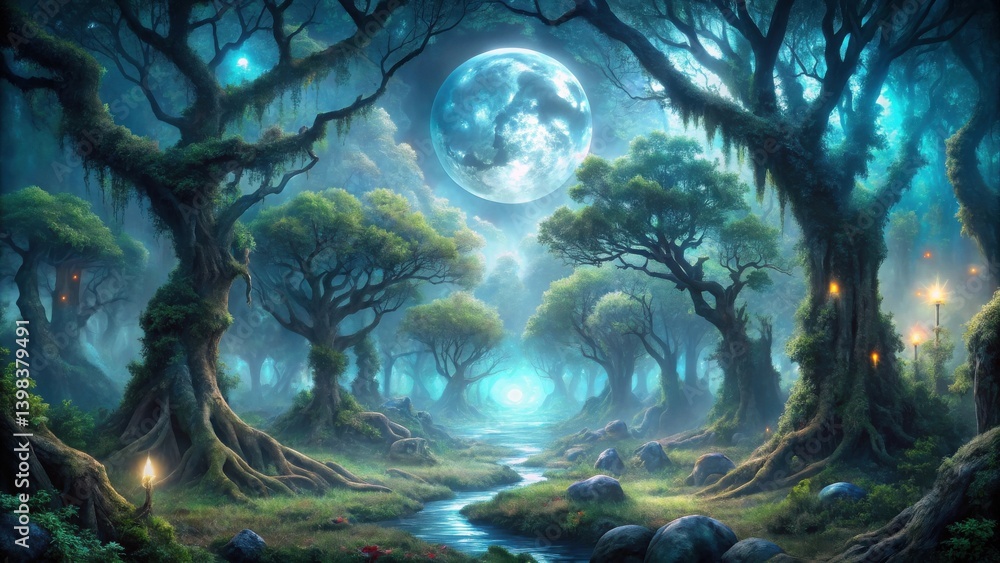Poster enchanted forest path under a serene moonlight, illuminated by glowing lights on ancient trees, lead