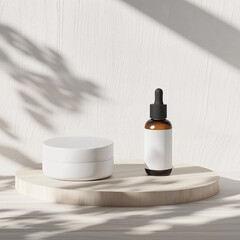 Minimalist skincare product mockup featuring a serum and jar with soft natural lighting