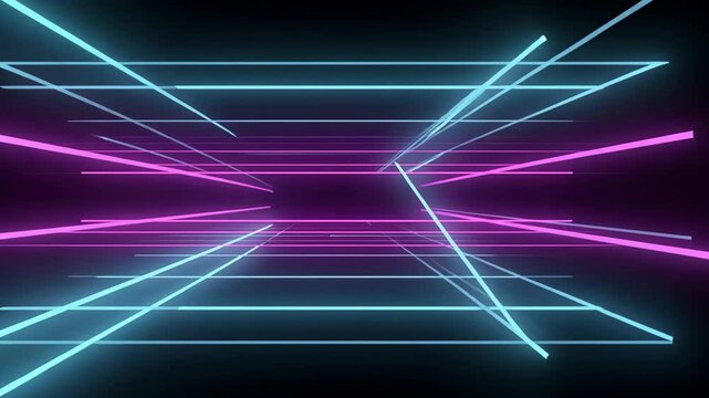Abstract perspective view of neon lines and wireframe grid in pink and blue color gradients with dynamic digital design