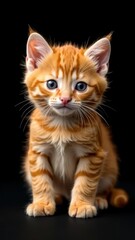 Funny ginger kitten on black background, low key photography