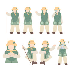 Faceless Explorer: Muslim Hijab Adventurer, Various Poses, Green Vest, Safari Hat, Cartoon Style.