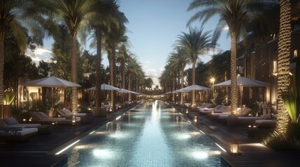 Naklejka premium Tranquil Resort Poolside Oasis at Dusk