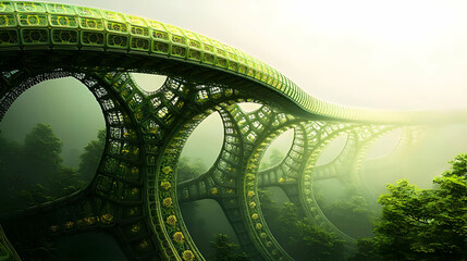Naklejka premium Glowing Green Fantasy Bridge Through Lush Forest