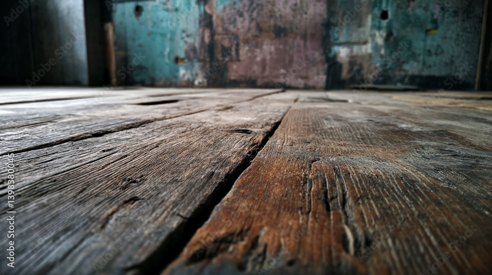 Poster close-up of aged, brown wood planks, showing texture and grain, creating a rustic and weathered appe