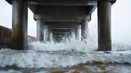 A concrete bridge with rain falling as waves crash against the supports.