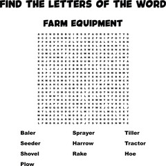 Farm Equipment Word Search Puzzle For Education And Vocabulary Building Activity