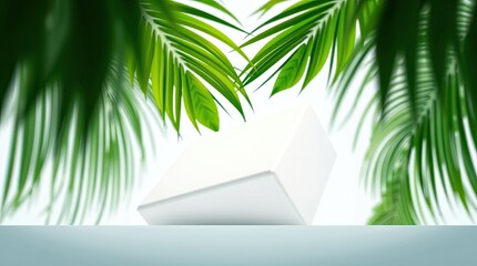 A white cube product display amidst lush tropical foliage.