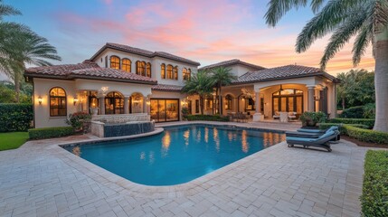 Mediterranean Style Mansion with Pool at Sunset