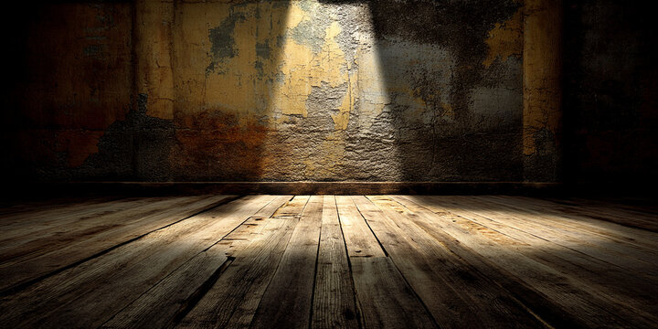 Old wooden floor and damaged wall, illuminated by a spotlight, creating a dramatic and mysterious atmosphere, ideal for showcasing products or adding text