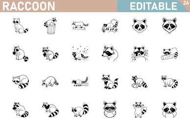 Raccoon Vector Illustration Set Black And White Line Art Icon Collection