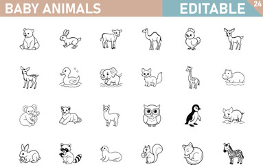Cute Baby Animals Line Art Collection For Coloring Books And Illustrations