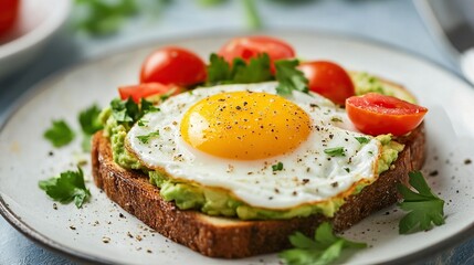 A fried egg on avocado toast with tomatoes and parsley.