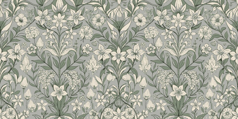 Intricate floral pattern in soft green and cream tones, perfect for elegant decor.
