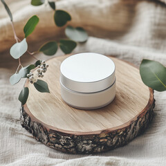 Simple skincare jar with greenery on wooden surface