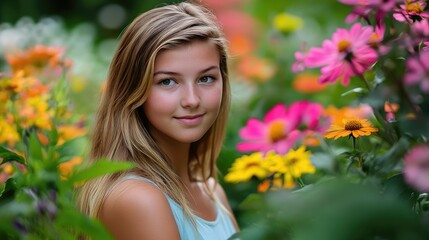 Naklejka premium A beautiful young woman posing amidst colorful blooming flowers