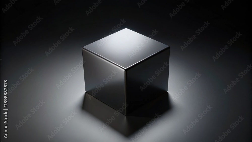 Fototapete A single, dark metallic cube rests on a subtly textured surface, illuminated by a soft, focused light source, casting a distinct shadow that emphasizes its geometric form and reflective properties.