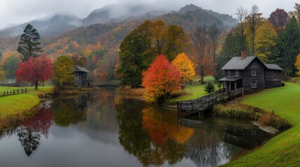 Obraz premium An autumn landscape depicts a rustic cabin beside a still lake