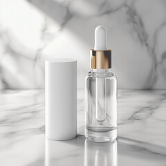 Luxury Skincare Dropper Bottle with White Cap on Marble Surface