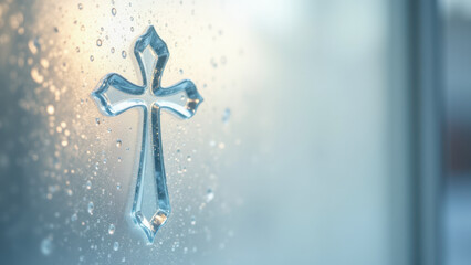 Cross decoration on window with raindrops, glowing from inside.