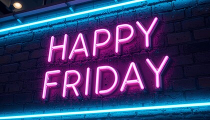 Obraz premium Happy Friday Glowing Neon Sign Against Brick Wall