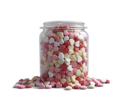 Jar of Tiny Heart Candies, A Sweet Delight Depicting Affection and Romance, Perfect for Valentine's Day or Celebrations of Love with Pink, Red, and White Hearts