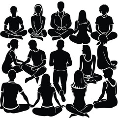 "Silhouettes of People in Various Poses – Walking, Standing, Talking, Urban Crowd, Vector Illustration"