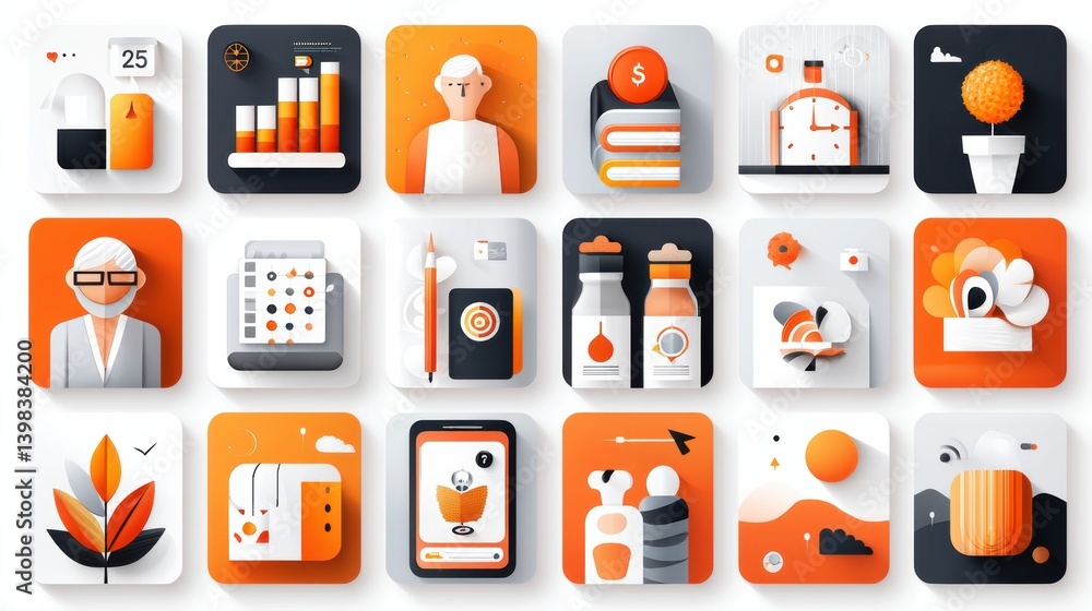 Poster business management icon set concept. professional business icon set in a flat design style long tit
