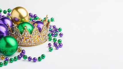 Gold Crown and Colorful Beads on White Background