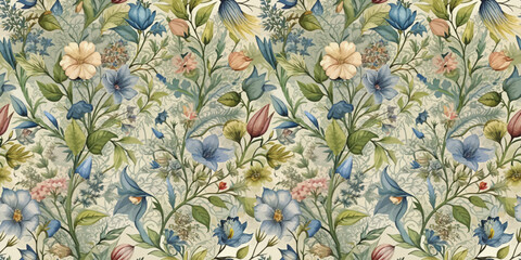 Colorful floral pattern featuring blue and pastel flowers on a light background.