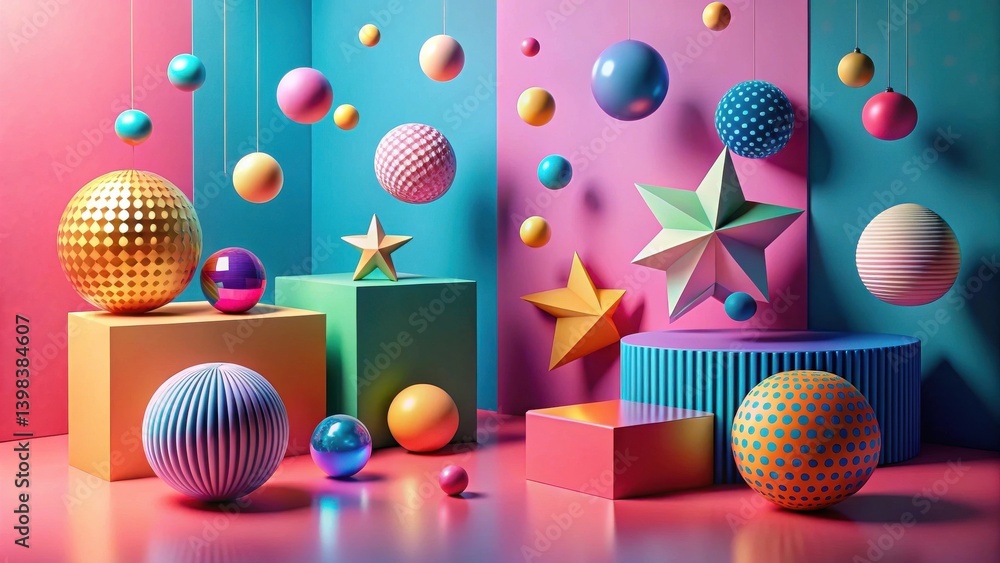Poster abstract colorful 3d geometric shapes and hanging ornaments composition with shiny surfaces and vivi