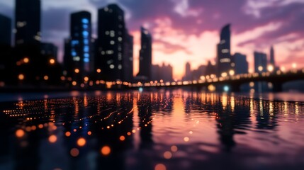 Cityscape Sunset Reflection Urban Night Lights.