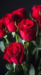 Red roses blooming on dark background close-up