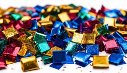 Obraz premium Colorful Glittery Square Confetti Pile on White Background