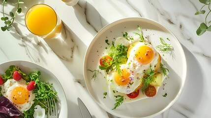 A stylish flat lay of a brunch spread, featuring eggs benedict, freshly squeezed orange juice, and a side salad, on a marble table, Generative AI illustrations. 