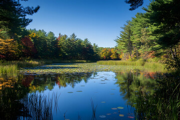 A tranquil autumnal pond scene, framed by colorful foliage.