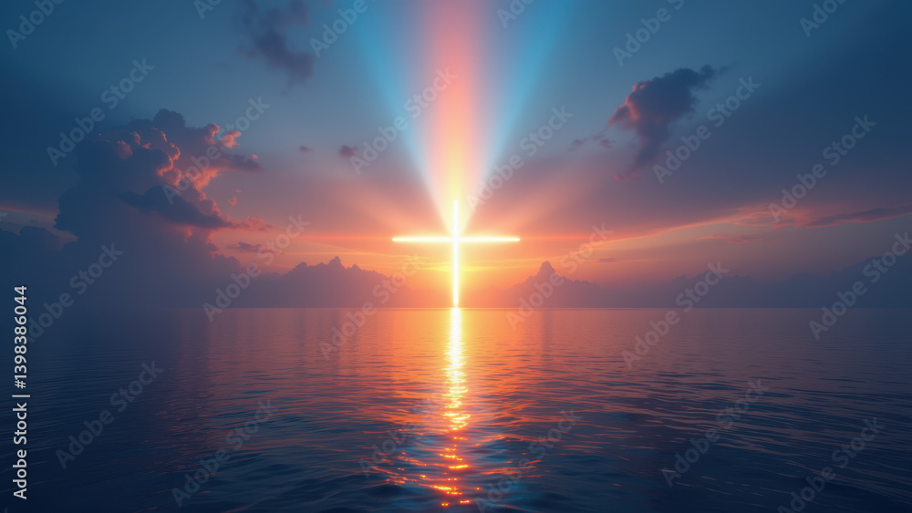 Poster sun setting behind a cross with a christian symbolism.