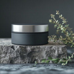 Black Cosmetic Jar with Silver Lid on Natural Stone