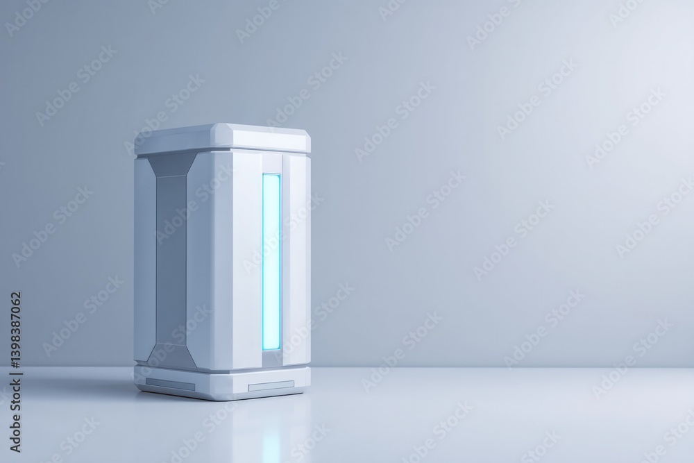 Poster futuristic 3d-rendered computer with sleek minimalistic design stands on clean white surface with ge