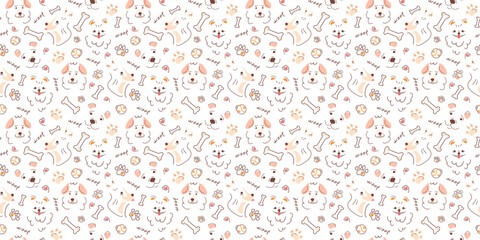 Seamless pattern with dogs, pet food, inscriptions. Vector illustration in doodle style, hand-drawn silhouettes. Contour print for textiles, packaging, and pet products.