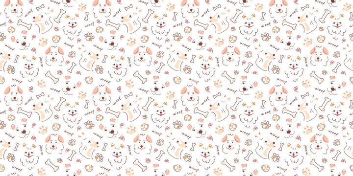 Seamless pattern with dogs, pet food, inscriptions. Vector illustration in doodle style, hand-drawn silhouettes. Contour print for textiles, packaging, and pet products.