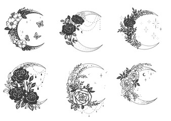 Moon with flowers esoteric symbols set vector illustrations. Bohemian Celestial moon. Mystic esoteric symbol. Vector illustration.