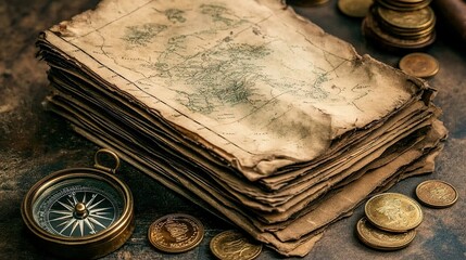 A stack of old, weathered pirate maps lying next to a compass and a collection of ancient coins.