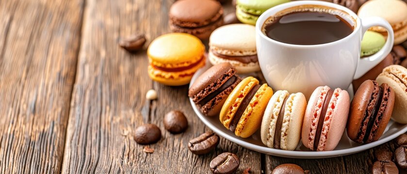 A cozy arrangement of colorful macarons on a wooden table, accompanied by a steaming cup of coffee, creating an inviting atmosphere for dessert lovers.