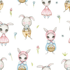 Seamless pattern with Easter bunnies and flowers isolated on white background. Watercolor hand drawn illustration