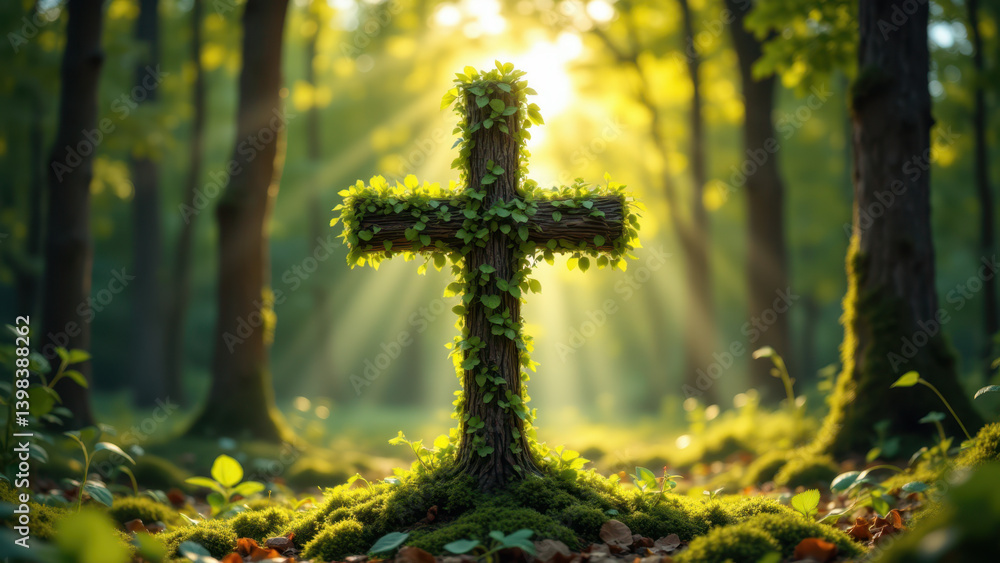 Poster a serene forest setting with a cross surrounded by greenery, bathed in sunlight streaming through th