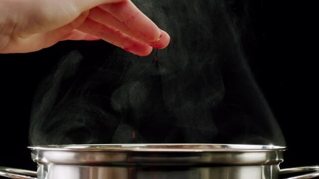 Professional chef adds paprika fragrant dry peppers to a pot of boiling food. Restaurant kitchen cooking, colorful spices, dropping spices.